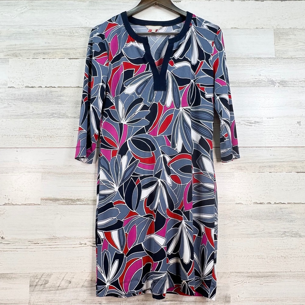 Banana Republic Size M Navy Blue Red Abstract Floral Split Neck 3/4 Sleeve Dress